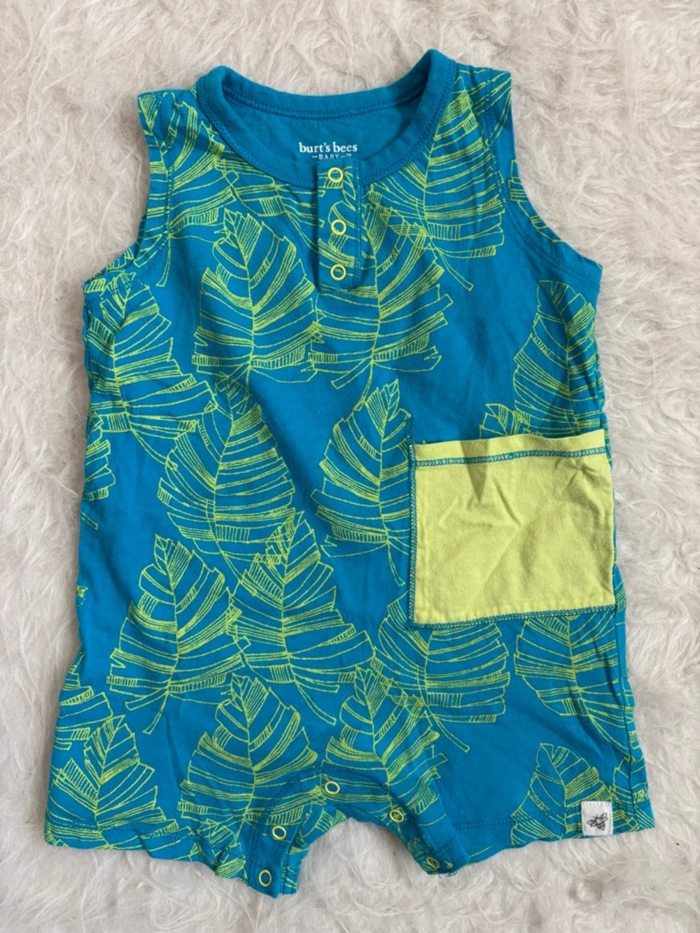 Burt's Bees Baby Organic Teal Tank Romper with Tropical Lime Leaf Print